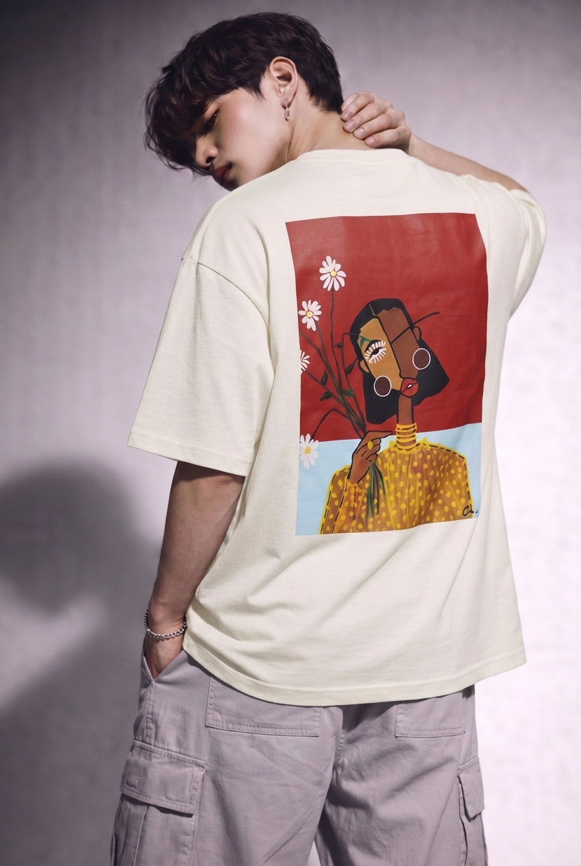 240 GSM French Terry Oversized Tee — Cool Bee Cubist Bloom White