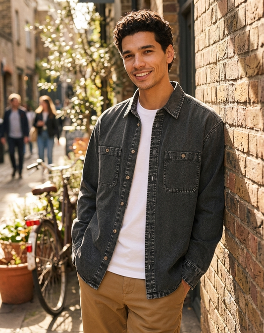 Man in Cool Bee Urban Charcoal Denim Overshirt leaning on a brick wall in a sunlit street