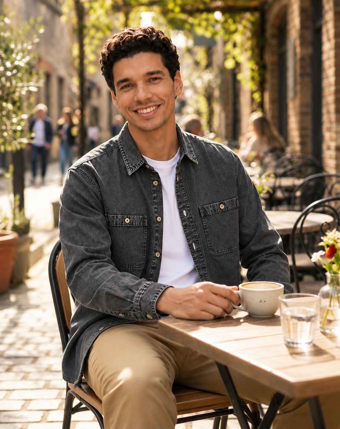 Man in Cool Bee Urban Charcoal washed denim overshirt seated at a sunlit cafe table