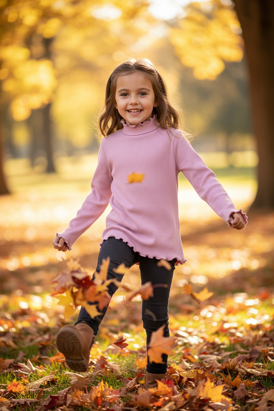 Girl wearing a pink turtleneck top for a versatile wardrobe