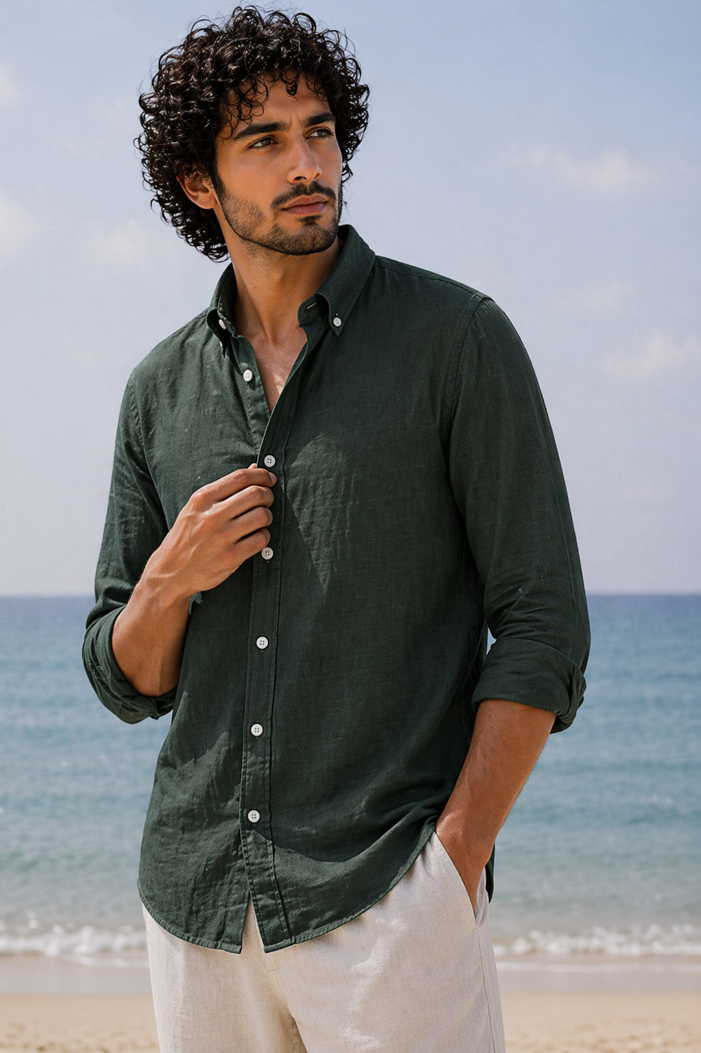 Cool Bee Linen Casual Shirt Bottle Green for Men - Linen Casual Shirt Breathable India - Detail View