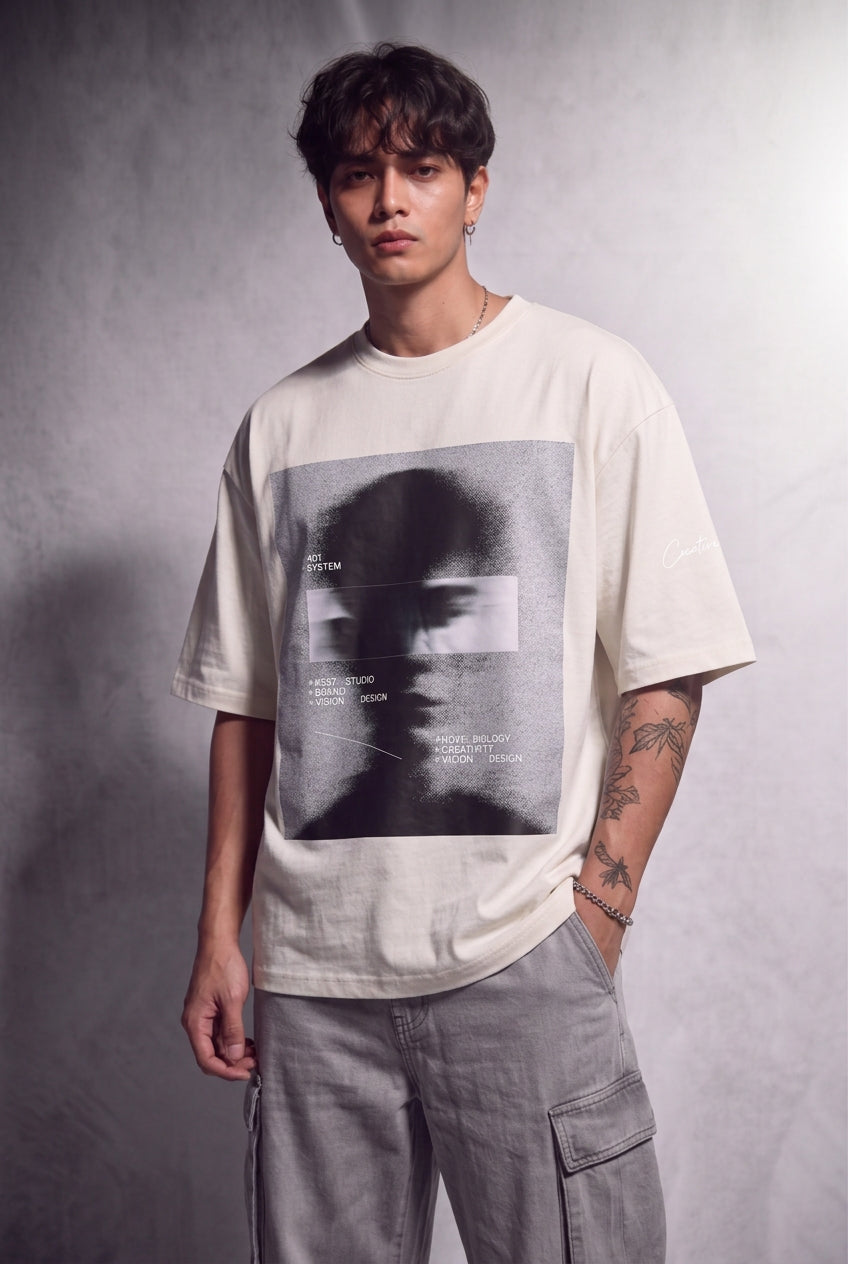 Cool Bee Blurred Vision Tee Egg Shell White for Men - Egg Shell White Oversized Graphic Tee Streetwear India