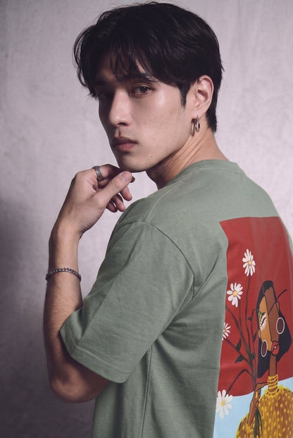 Cool Bee Cubist Bloom Oversize Tee Green for Men - Green Oversized Graphic Tee Streetwear India - Lifestyle View