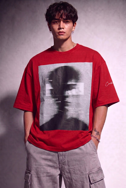 Cool Bee Blurred Vision Tee Red for Men - Red Oversized Graphic Tee Streetwear India
