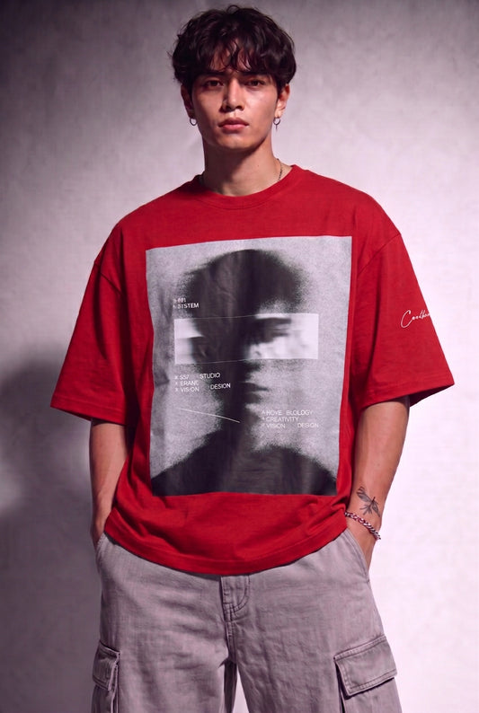 Cool Bee Blurred Vision Tee Red for Men - Red Oversized Graphic Tee Streetwear India
