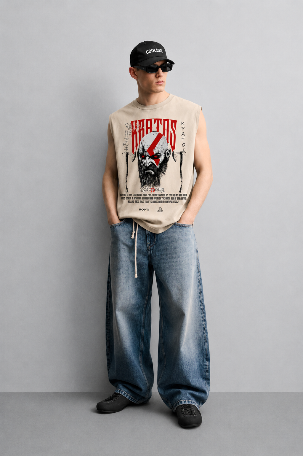 Beige tank top with a muscular warrior character illustration in a dark mythological battle scene framed by gaming-console-style logo accents.