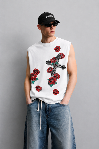 White tank top with an ornate gothic cross wrapped in red roses and green leaves across the chest.