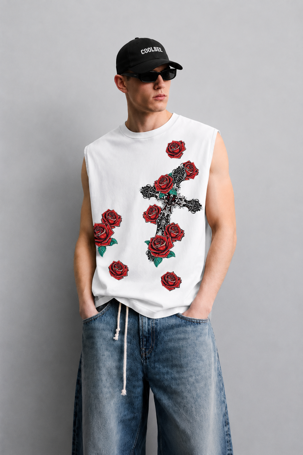 White tank top with an ornate gothic cross wrapped in red roses and green leaves across the chest.