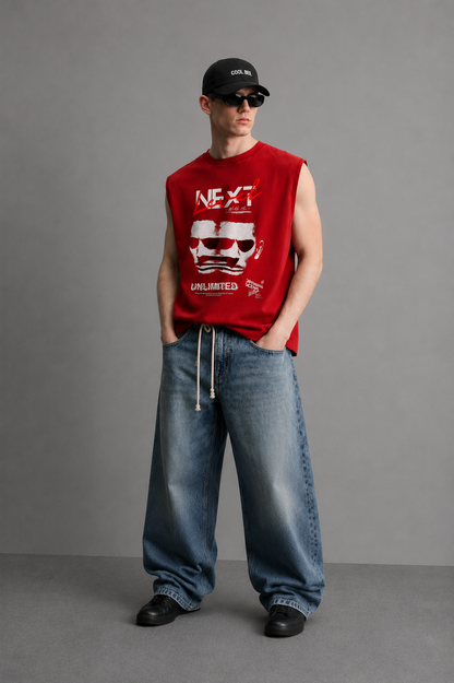 Red tank top with 'Next Level With Me' script-and-block lettering above a distressed double-exposure face graphic and bold 'Unlimited' text.