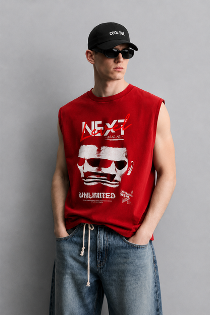 Red tank top with 'Next Level With Me' script-and-block lettering above a distressed double-exposure face graphic and bold 'Unlimited' text.