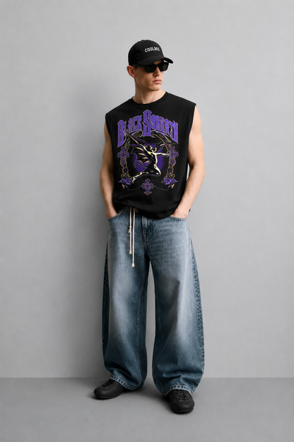 Black tank top with a large inverted cross illustration surrounded by smoke and flame details beneath heavy gothic lettering.