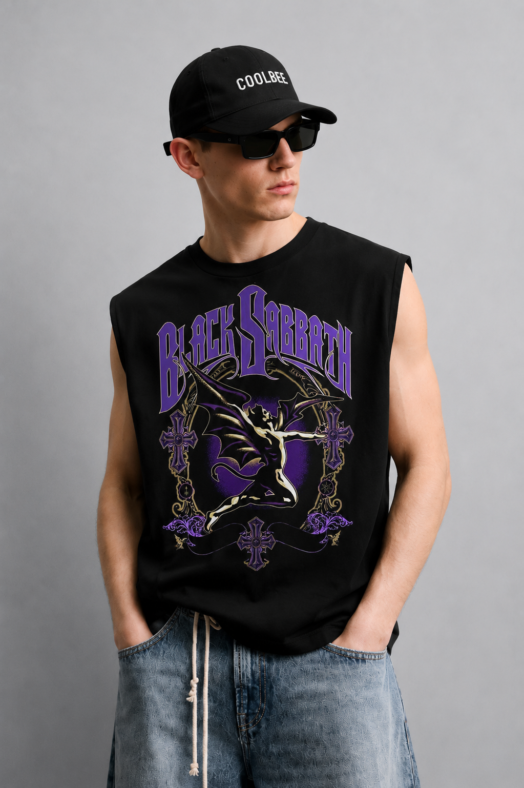 Black tank top with a large inverted cross illustration surrounded by smoke and flame details beneath heavy gothic lettering.