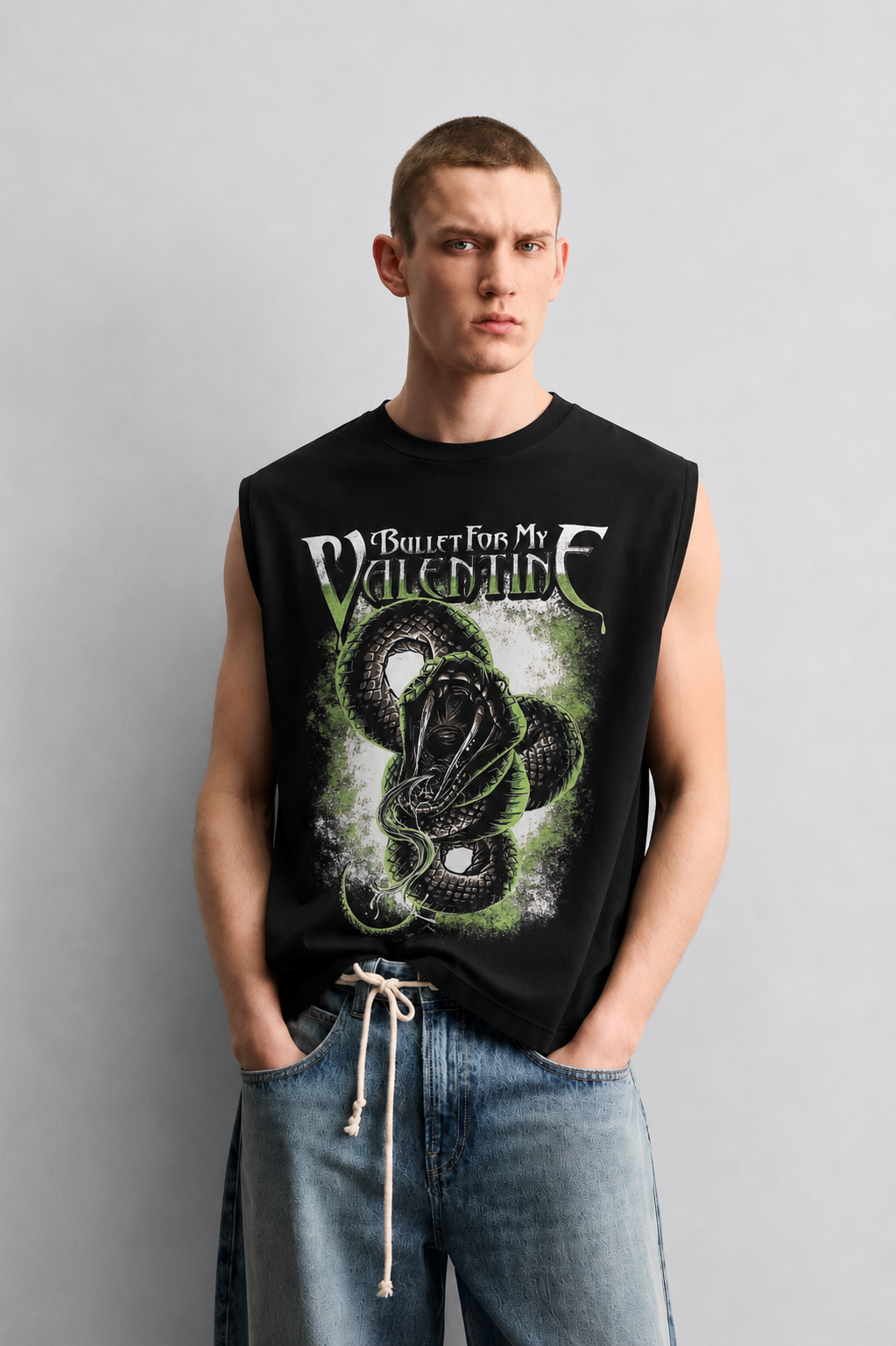 Black tank top with a coiled snake-and-heart illustration in a dark romantic-horror style accented by dripping red lettering.