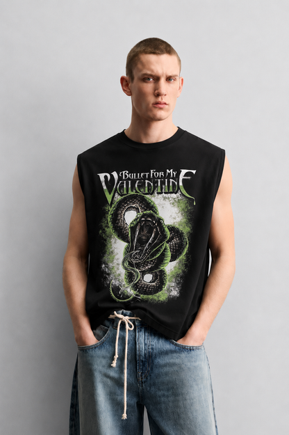 Black tank top with a coiled snake-and-heart illustration in a dark romantic-horror style accented by dripping red lettering.
