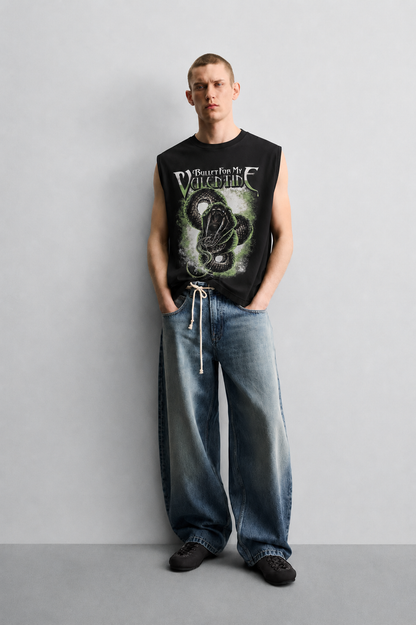 Black tank top with a coiled snake-and-heart illustration in a dark romantic-horror style accented by dripping red lettering.