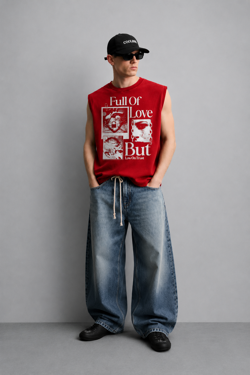 Red tank top with bold white 'Full Of Love But Low On Trust' poster text, a chained heart with a padlock, a rose with a padlock, and a close-up eye graphic with tear-drip details.