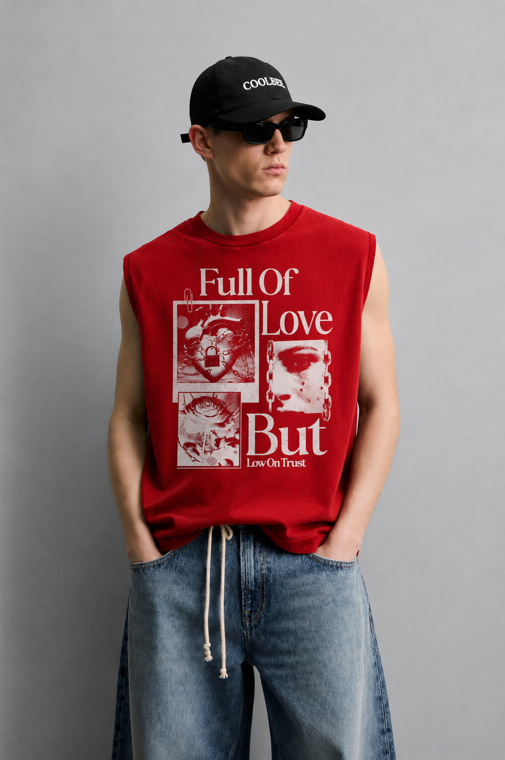 Red tank top with bold white 'Full Of Love But Low On Trust' poster text, a chained heart with a padlock, a rose with a padlock, and a close-up eye graphic with tear-drip details.