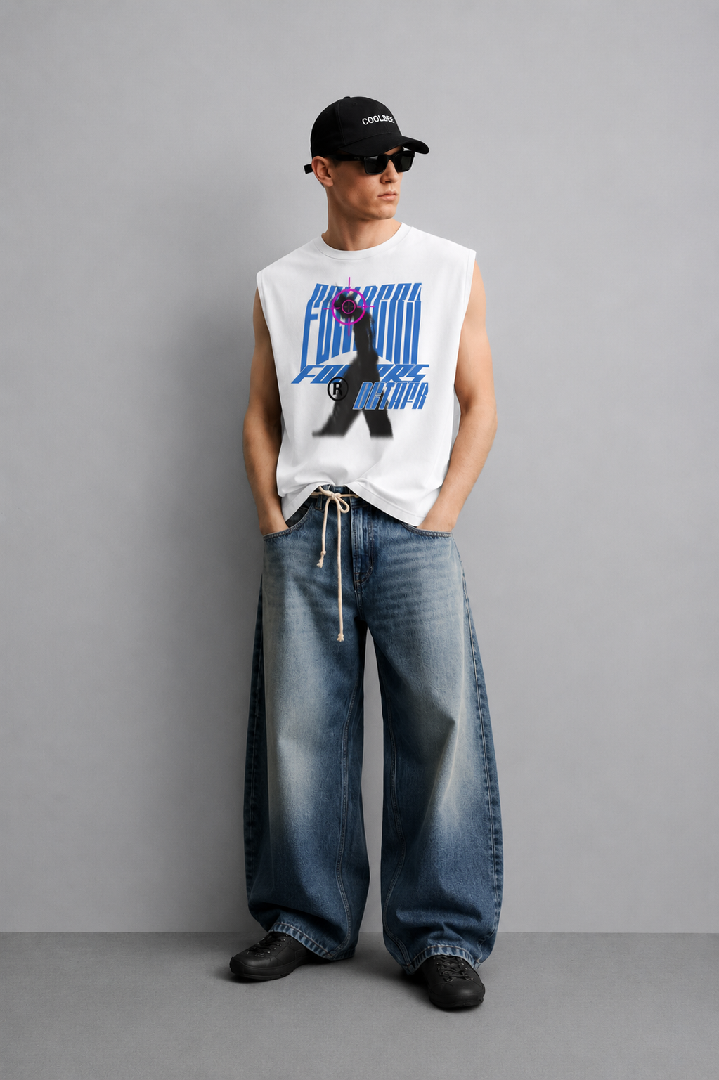 White tank top with blue glitch-style 'Forever' lettering, a black spray-paint silhouette of a running figure, and a magenta crosshair target graphic.