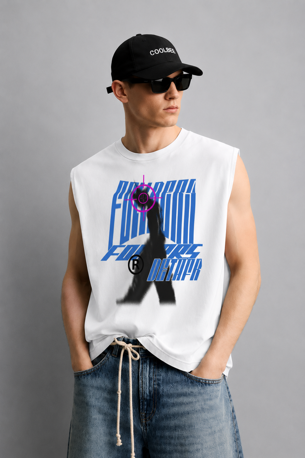 White tank top with blue glitch-style 'Forever' lettering, a black spray-paint silhouette of a running figure, and a magenta crosshair target graphic.