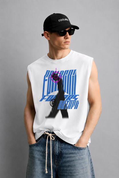 White tank top with blue glitch-style 'Forever' lettering, a black spray-paint silhouette of a running figure, and a magenta crosshair target graphic.