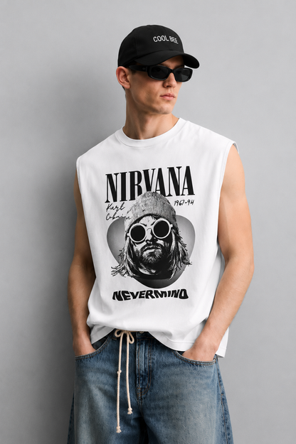 White tank top with bold serif band-style lettering, a halftone portrait of a musician in a beanie and round sunglasses inside a guitar-pick silhouette, and large album-title-style text at the bottom.