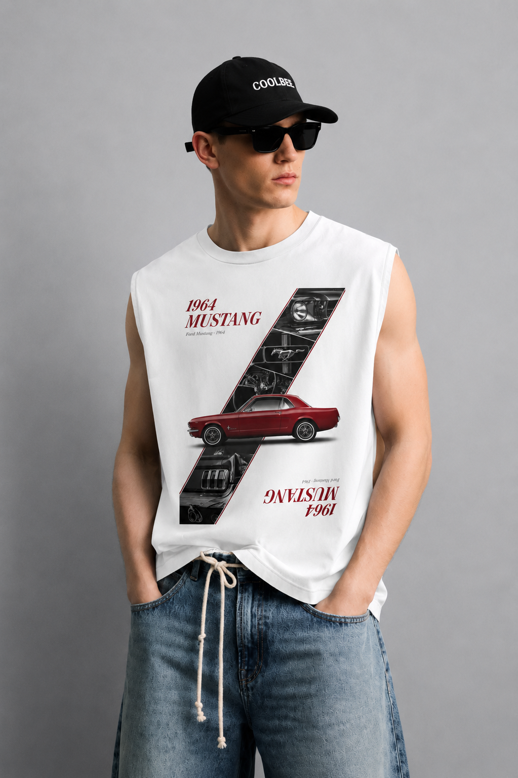 White tank top with a vintage muscle car illustration in a retro racing poster style with checkered flag accents and bold script lettering.
