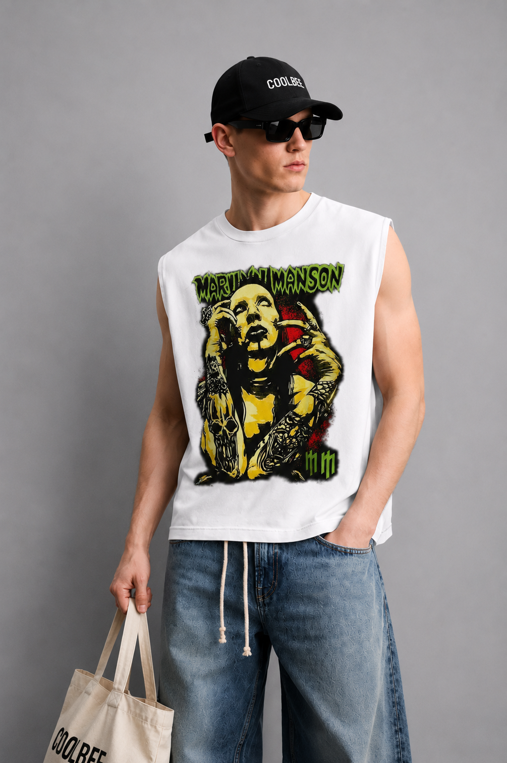 White tank top with a high-contrast black-and-white distorted face graphic and jagged horror-style lettering.