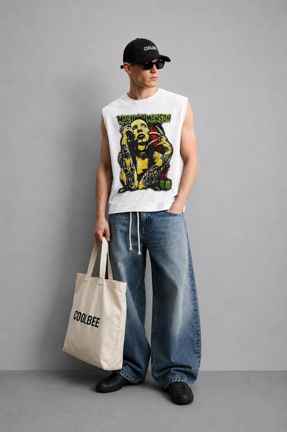 White tank top with a high-contrast black-and-white distorted face graphic and jagged horror-style lettering.