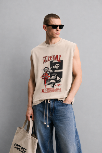 Beige tank top with red gothic 'Celestials' lettering above a black-and-white collage of a cracked moon, a star with red drip accents, and a cracked stone star.