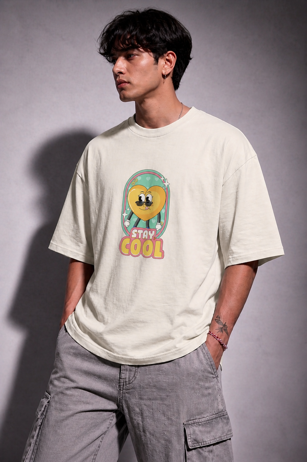 Cool Bee Stay Cool Tee White for Men - White Oversized Graphic Tee Streetwear India - Lifestyle View