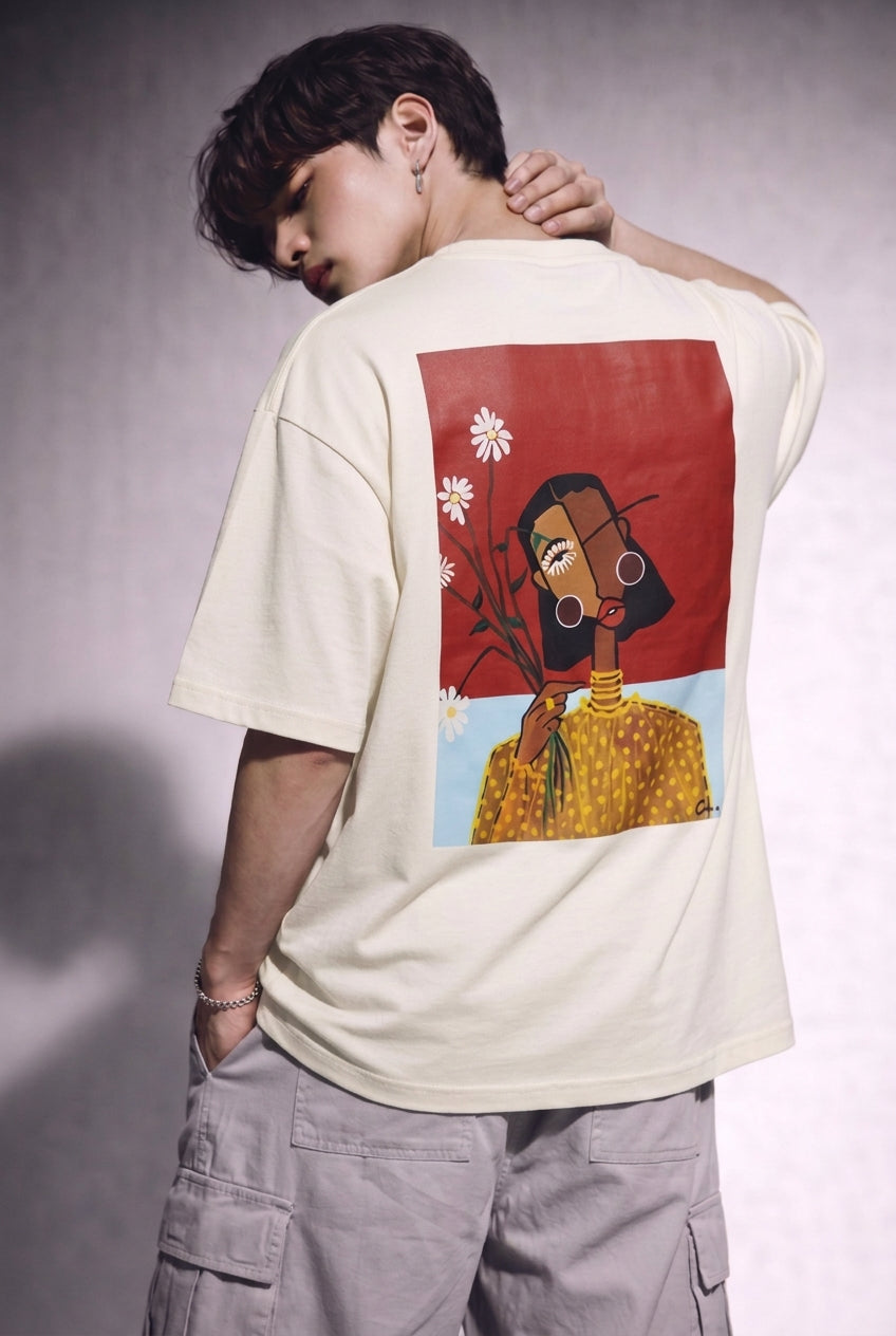 Cool Bee Cubist Bloom Oversize Tee White for Men - White Oversized Graphic Tee Streetwear India - Lifestyle View