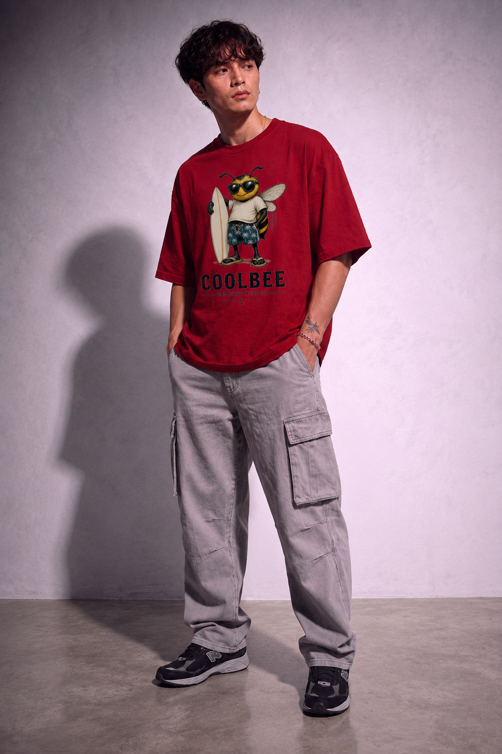Cool Bee Tee Red for Men - Red Oversized Graphic Tee Streetwear India - Detail View