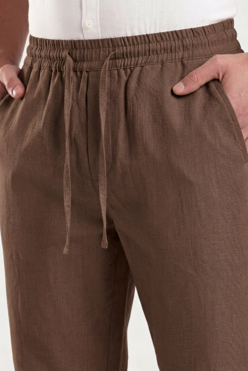 Cool Bee Linen Travel Pants Brown for Men - Brown Linen Travel Pants Lightweight India - Lifestyle View