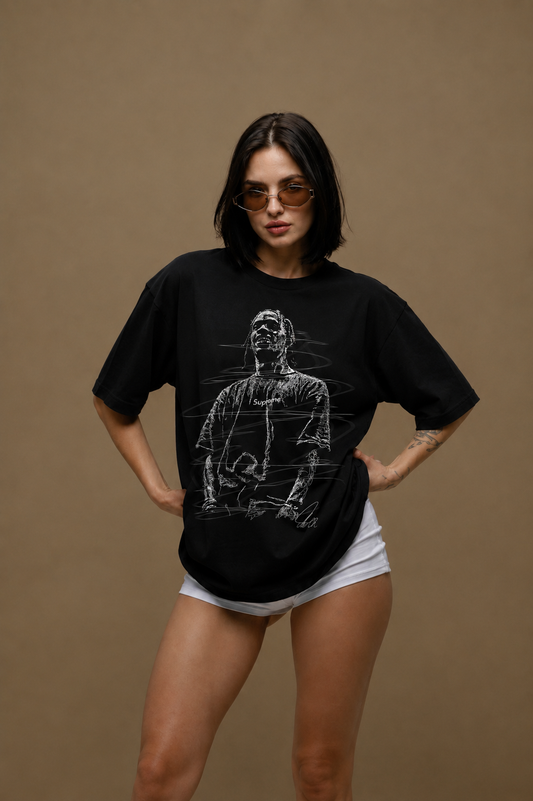 Shadow Sketch Black Women Tee - Oversized Graphic T-Shirt Front View | Cool Bee India