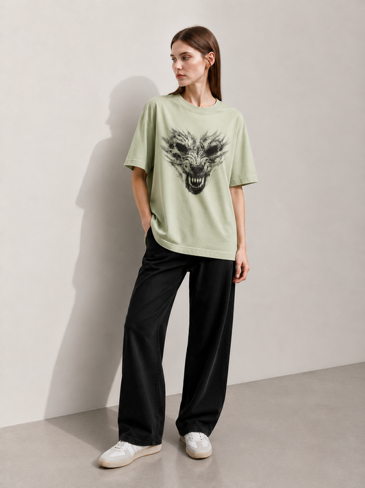 Feral Echo Green Women Tee - Oversized Graphic T-Shirt Front View | Cool Bee India