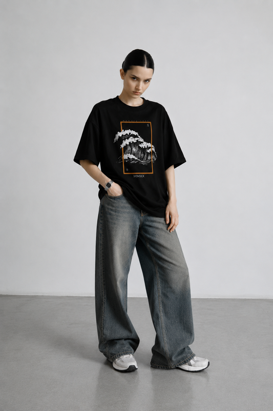 Tidal Drift Black Women Tee - Oversized Graphic T-Shirt Back View | Cool Bee India