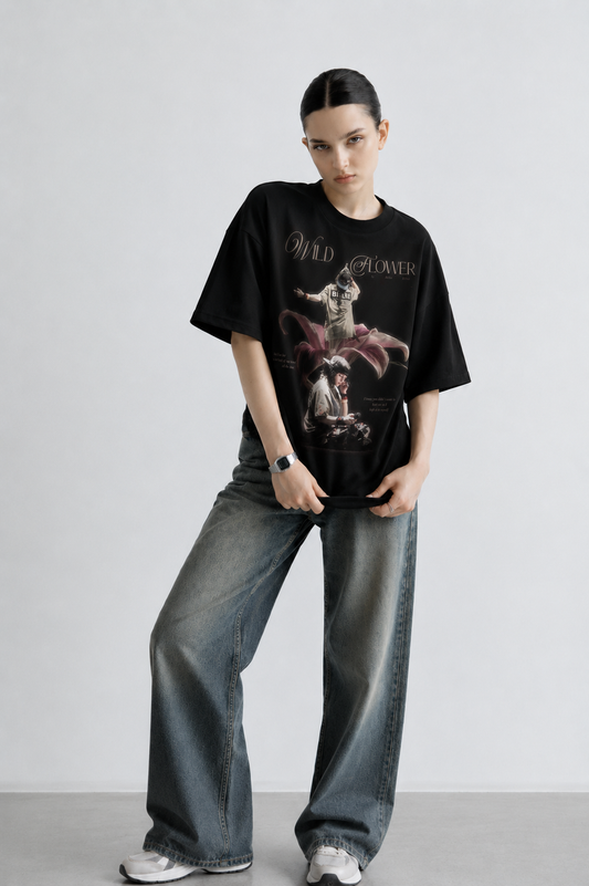 Wildflower Black Women Tee - Oversized Graphic T-Shirt Back View | Cool Bee India