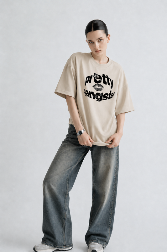 Pretty Rebel Women Tee Beige – bold rebellious graphic oversized t-shirt by Coolbee Store