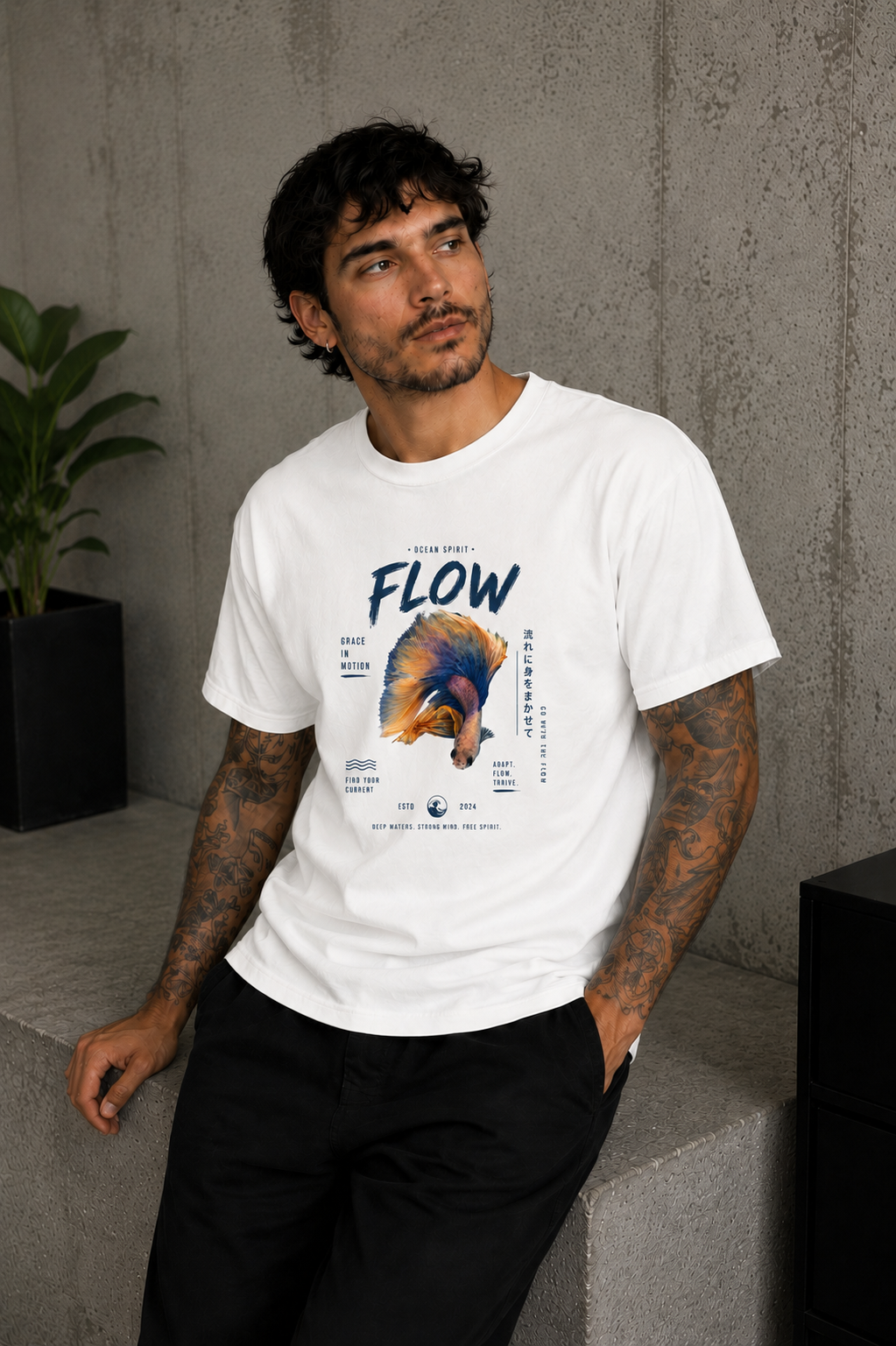 Cool Bee Betta Flow Tee White for Men - White Oversized Graphic Tee Streetwear India