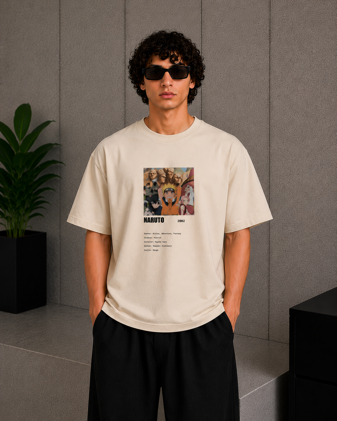 Cool Bee Naruto anime Tee Beige for Men - Beige Oversized Graphic Tee Streetwear India - Front View
