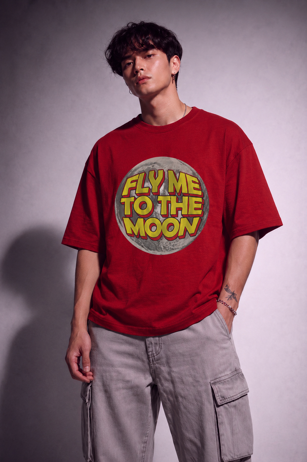 Cool Bee Moon Tee Red for Men - Red Oversized Graphic Tee Streetwear India - Front View