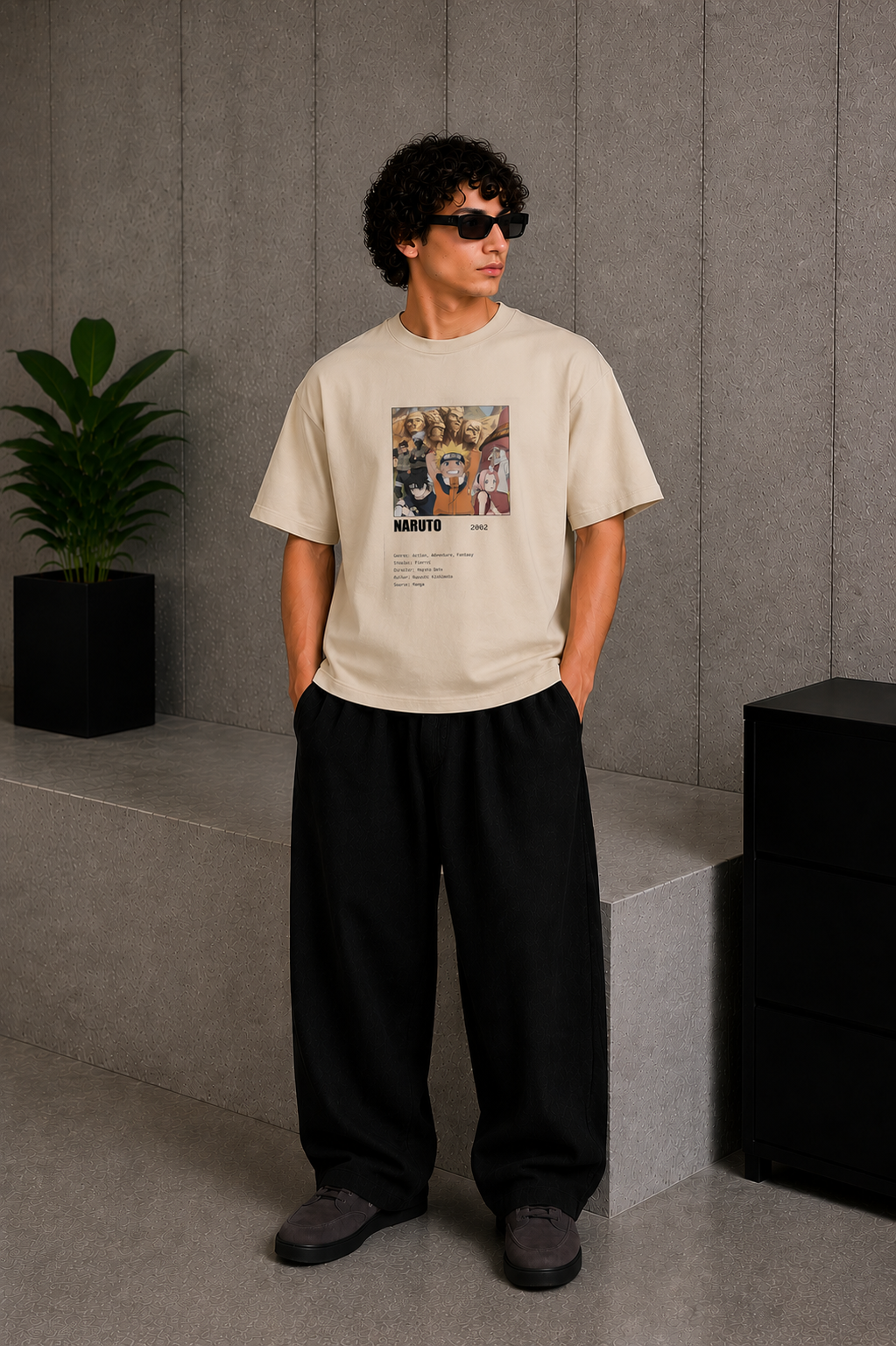 Cool Bee Naruto anime Tee Beige for Men - Beige Oversized Graphic Tee Streetwear India - Detail View