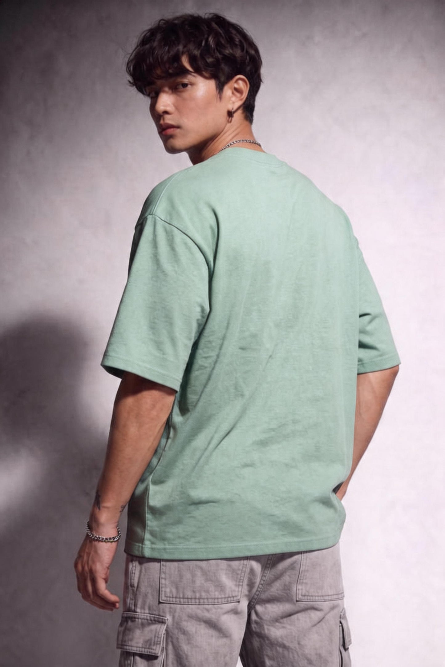 Cool Bee Glitch Portrait Tee Green for Men - Green Oversized Graphic Tee Streetwear India - Lifestyle View