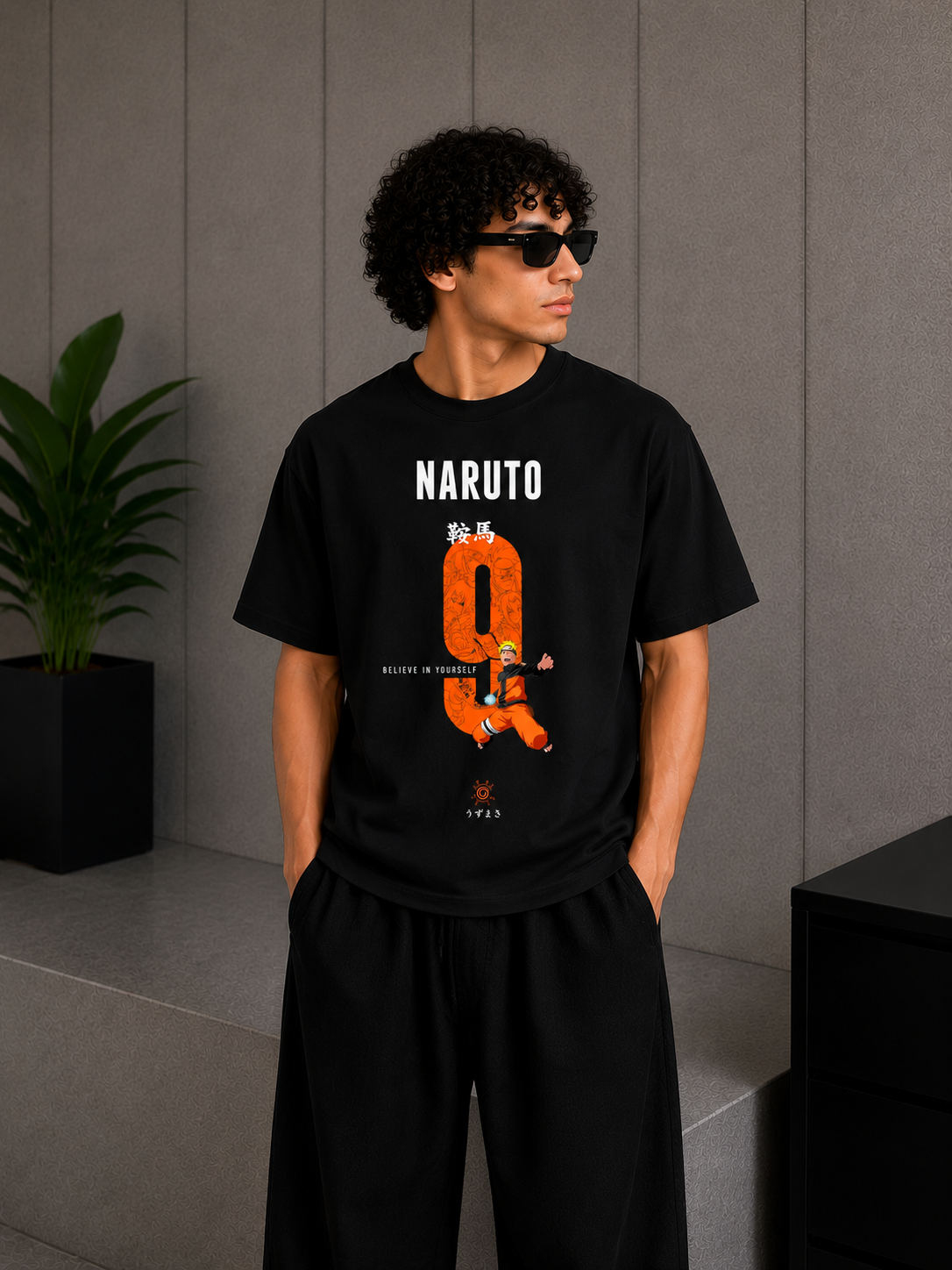 Cool Bee Naruto 7 anime Tee Black for Men - Black Oversized Graphic Tee Streetwear India - Side View