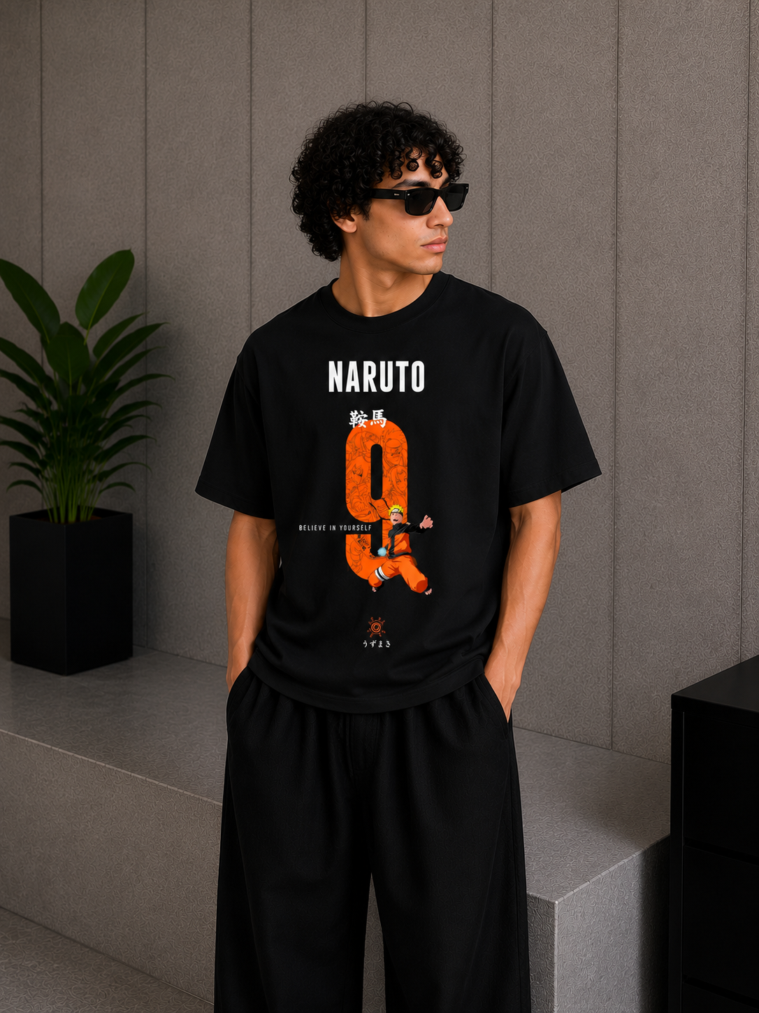 Cool Bee Naruto 7 anime Tee Black for Men - Black Oversized Graphic Tee Streetwear India - Detail View