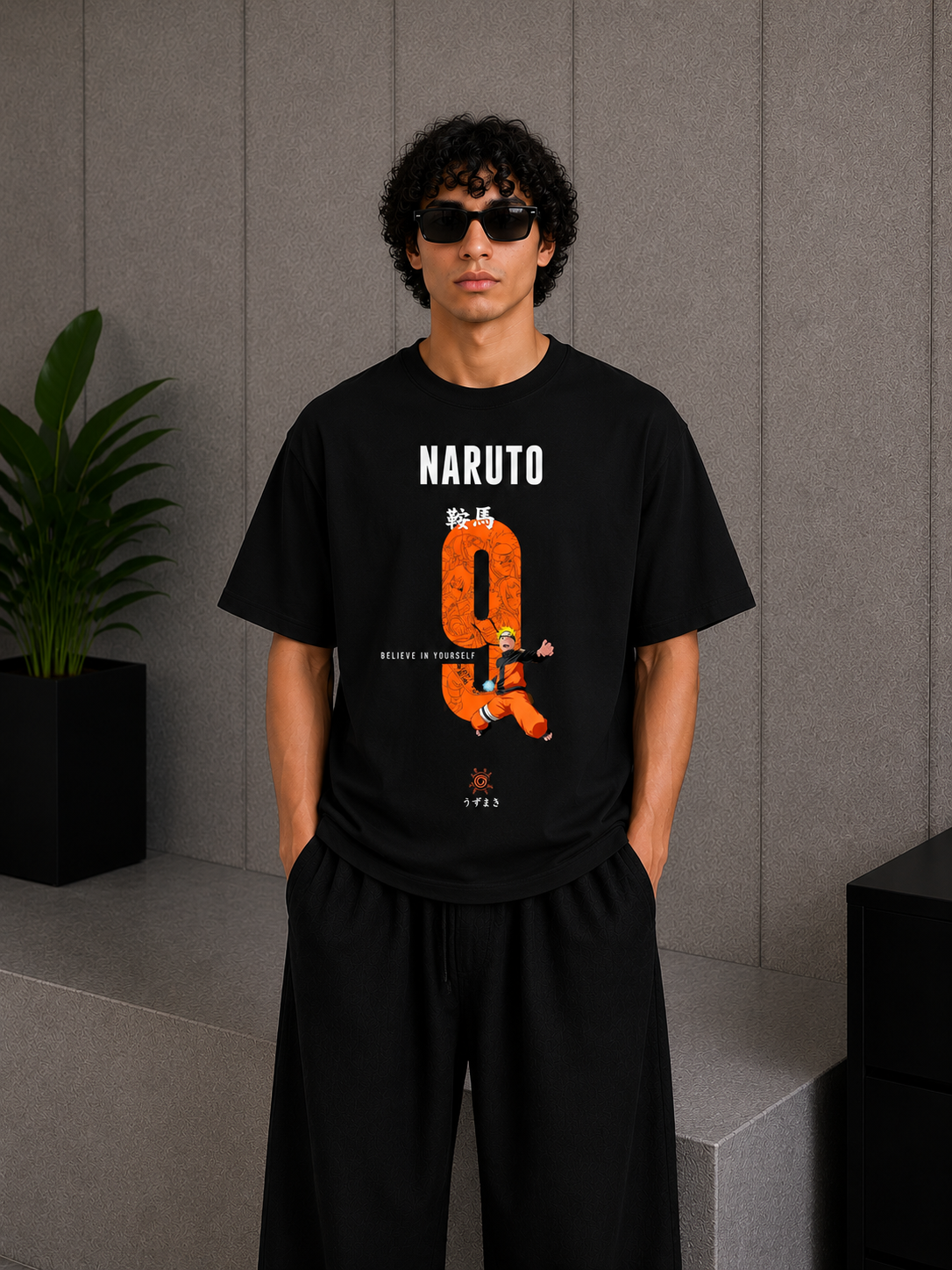 Cool Bee Naruto 7 anime Tee Black for Men - Black Oversized Graphic Tee Streetwear India - Front View