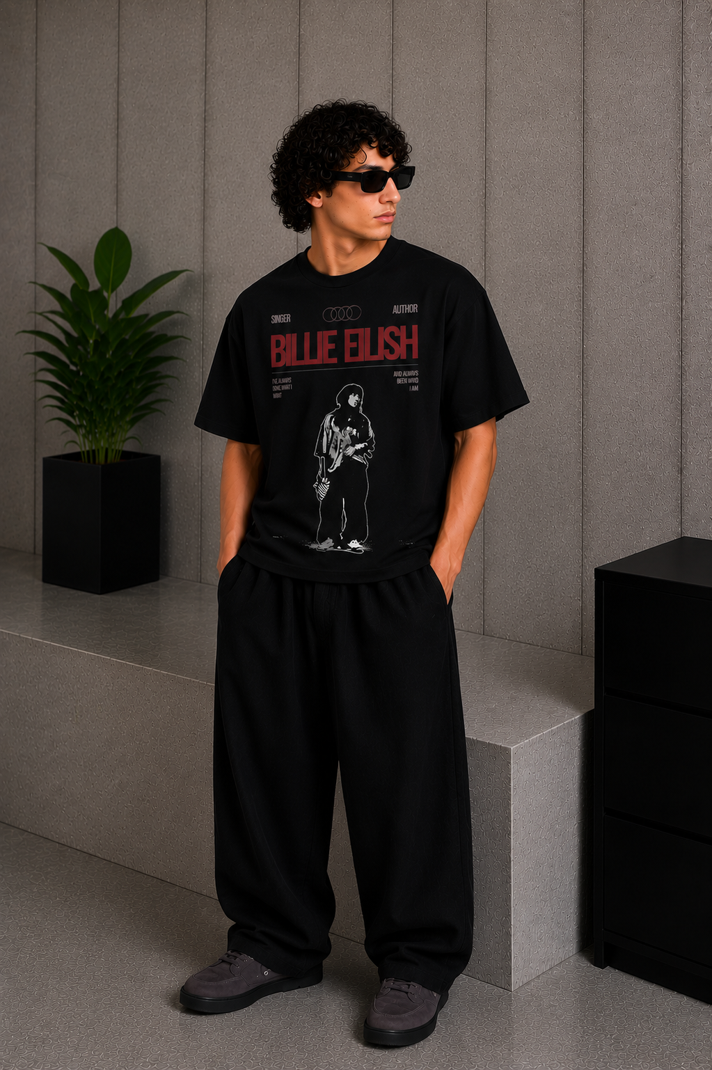 Cool Bee Eilish Tee Black for Men - Black Oversized Graphic Tee Streetwear India - Detail View