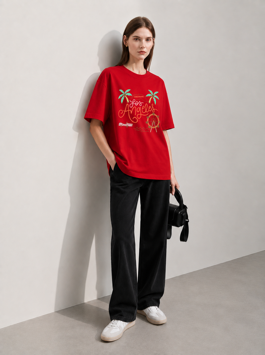 Summer Tide Red Women Tee - Oversized Graphic T-Shirt Back View | Cool Bee India