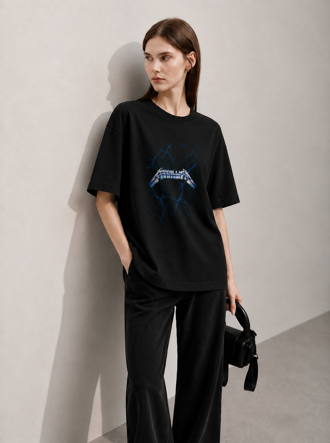 Starlit Vision Black Women Tee - Oversized Graphic T-Shirt Front View | Cool Bee India