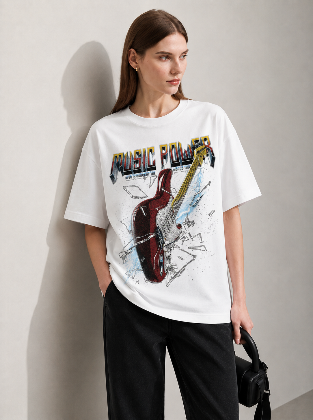 Electric Pulse White Women Tee - Oversized Graphic T-Shirt Detail View | Cool Bee India